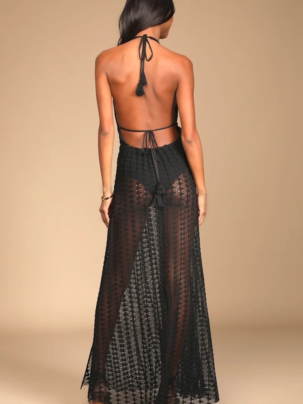 NWT Lulu's Black Crochet Halter Maxi with Tie Waist - Picture 3 of 8
